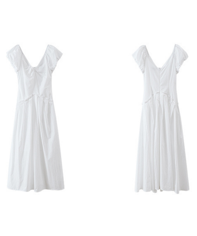 パフスリーブVネックギャザーワンピース