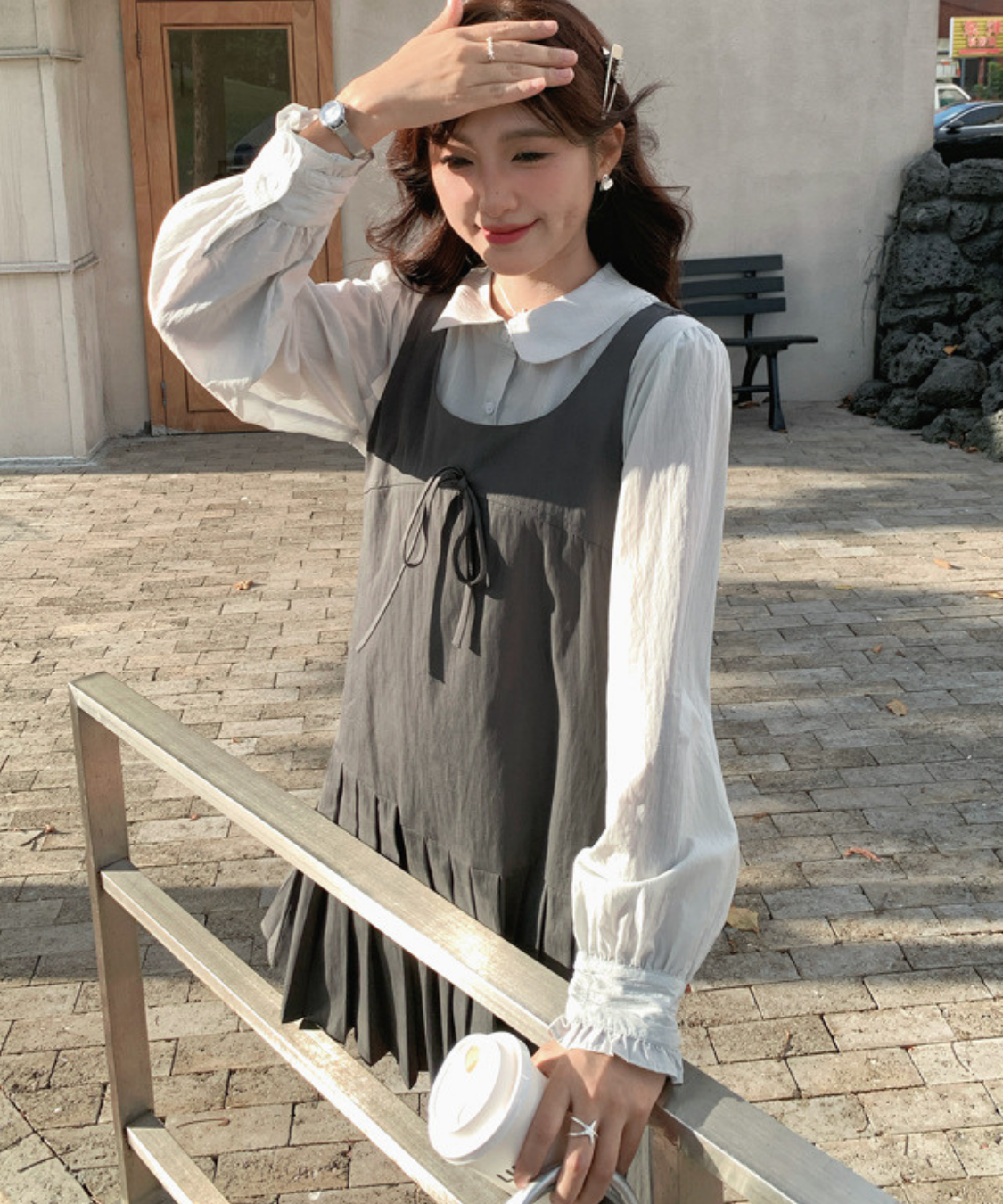 リボン付きプリーツ切替ワンピース