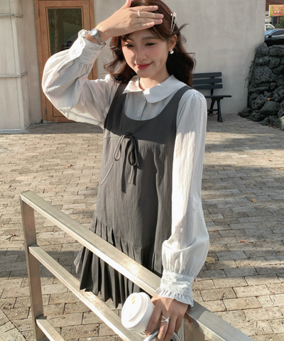 リボン付きプリーツ切替ワンピース