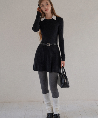 配色シャツ襟プリーツニットワンピース