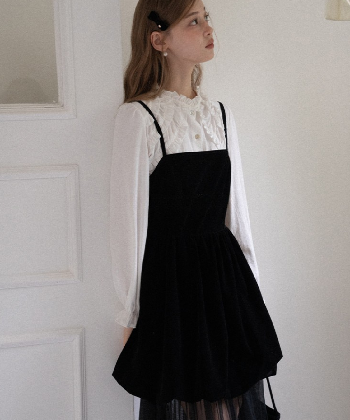 ベロア切替チュールスカートレイヤードキャミワンピース