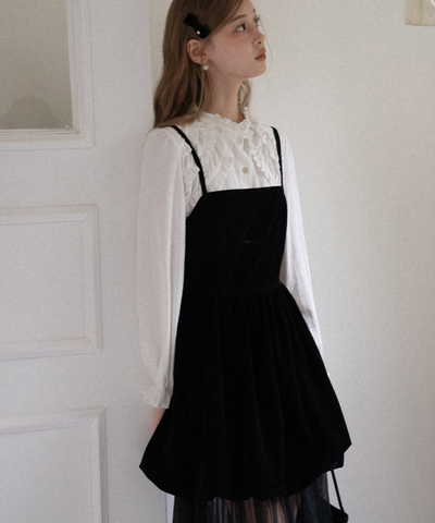 ベロア切替チュールスカートレイヤードキャミワンピース