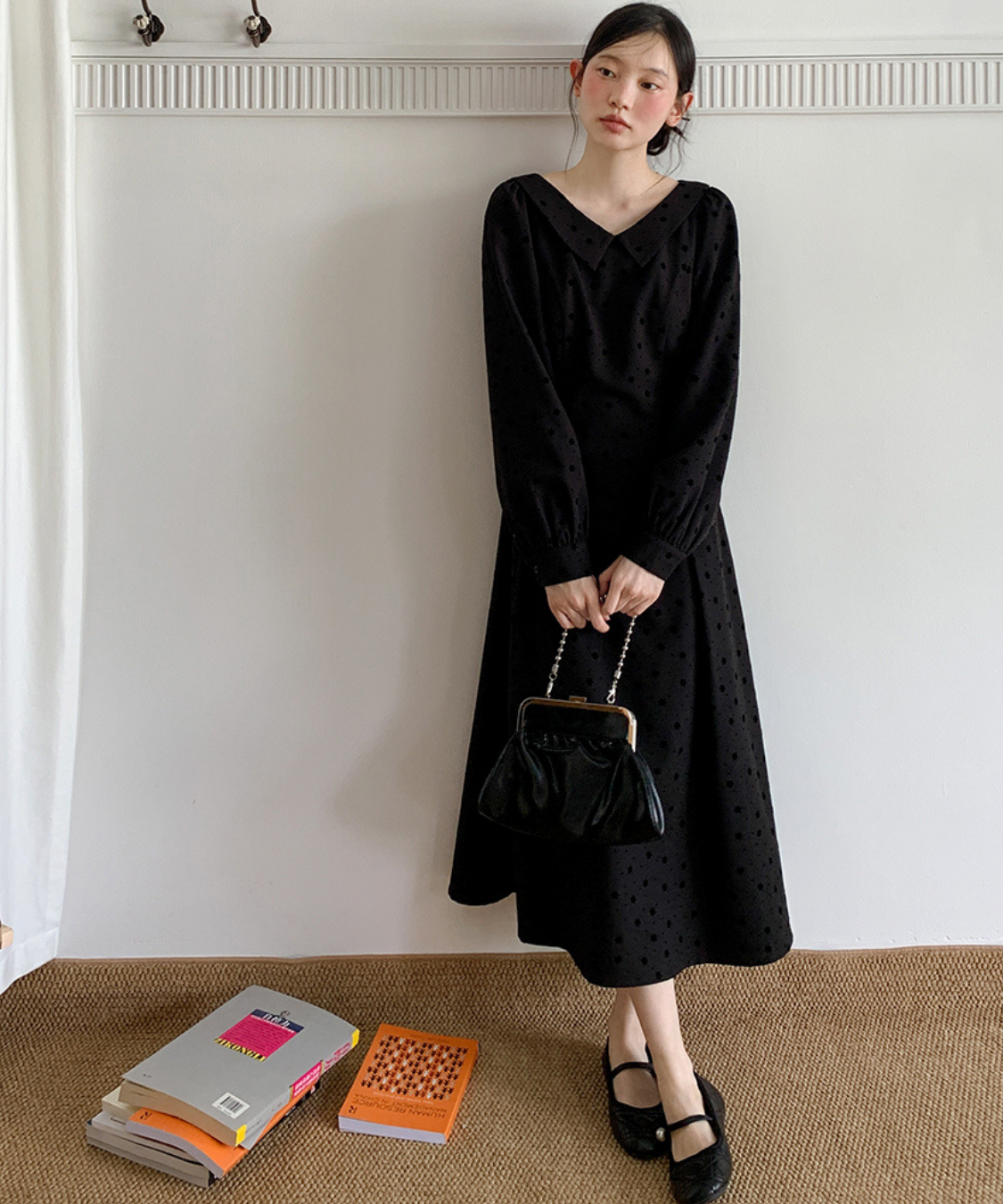 花柄フロッキードットフラットカラーワンピース