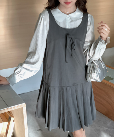 リボン付きプリーツ切替ワンピース