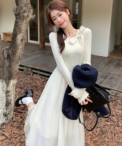 レース裾リボンフィットフレアワンピース