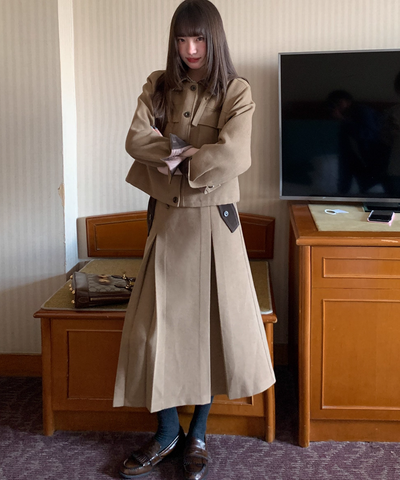 ドロスト付き配色ジャケット＋ボックスプリーツスカート 2点セット