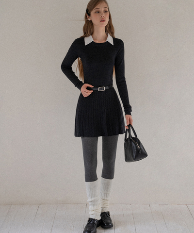 配色シャツ襟プリーツニットワンピース