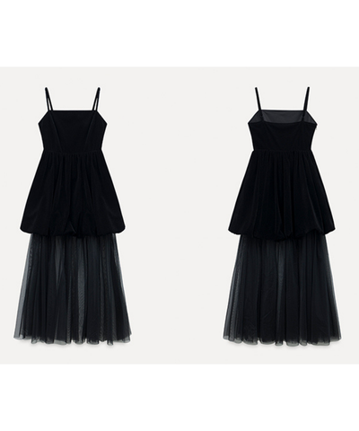 ベロア切替チュールスカートレイヤードキャミワンピース