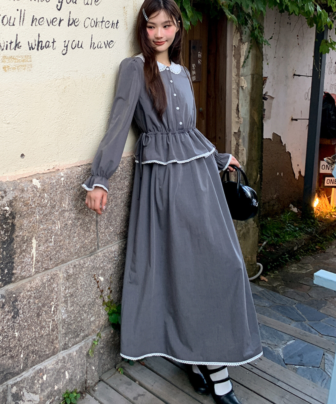 ラウンドカラーペプラム風ギンガムワンピース