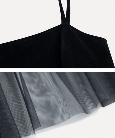 ベロア切替チュールスカートレイヤードキャミワンピース