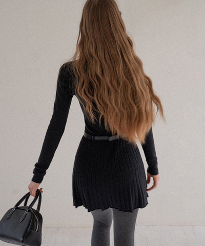 配色シャツ襟プリーツニットワンピース