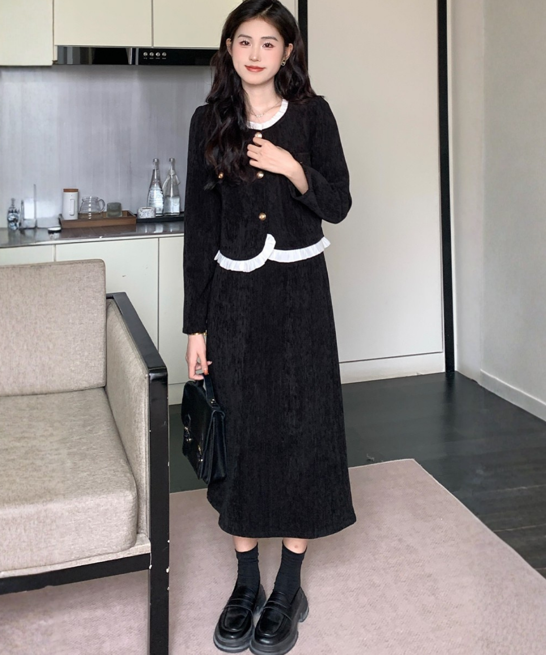 フリル襟コーデュロイジャケット＋ストレートスカート 2点セット