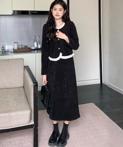 フリル襟コーデュロイジャケット＋ストレートスカート 2点セット