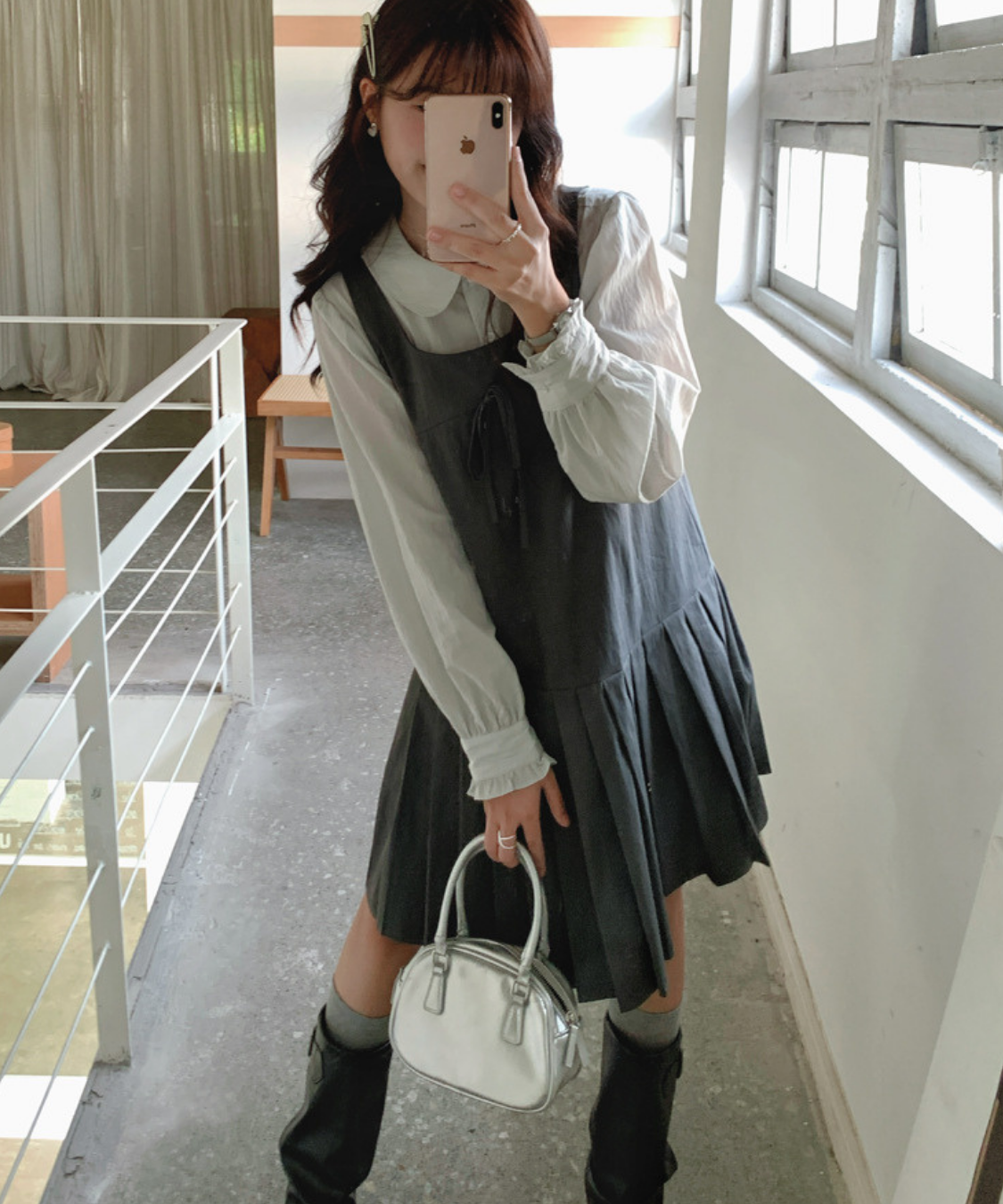 リボン付きプリーツ切替ワンピース