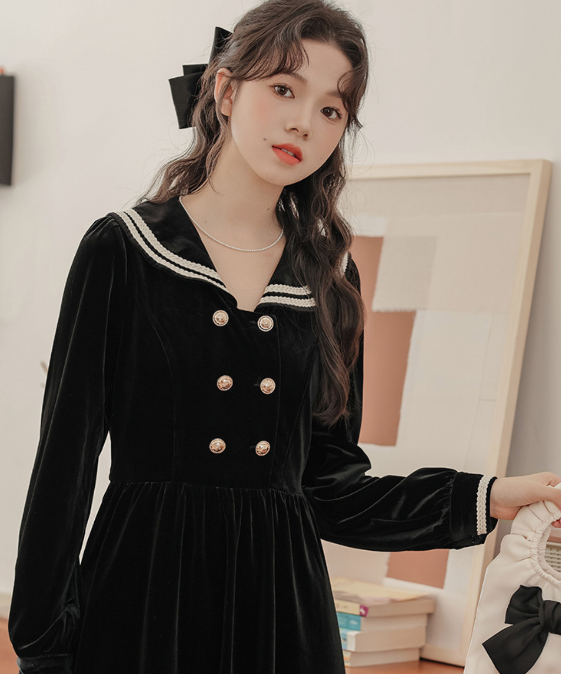 ベロアセーラーカラーダブルボタンワンピース