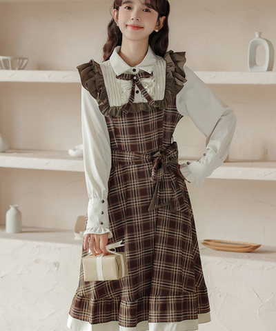 ピンタックブラウスドッキングチェック柄ワンピース