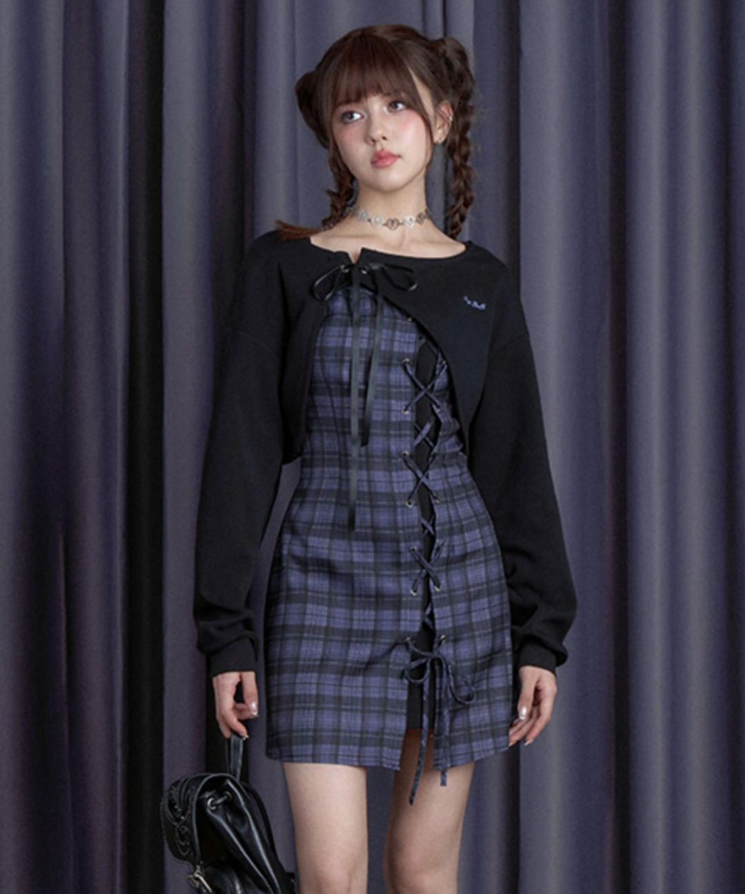 pium レースケープベルトミニワンピース ブラックチェック レース pium レースケープベルトミニワンピース ブラックチェック レース