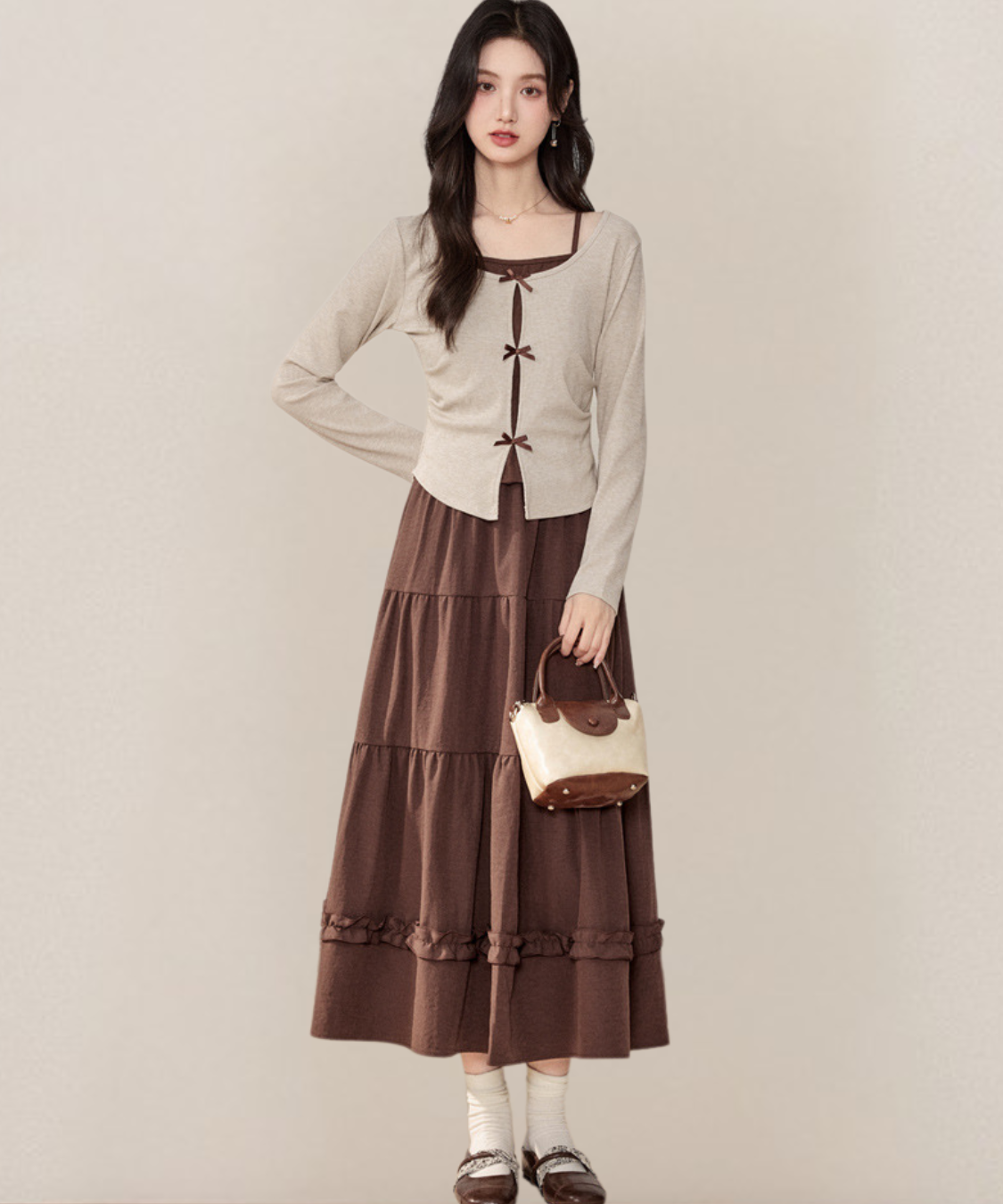 リボンフェイクレイヤードトップス＋ティアードフリルスカート 2点セット