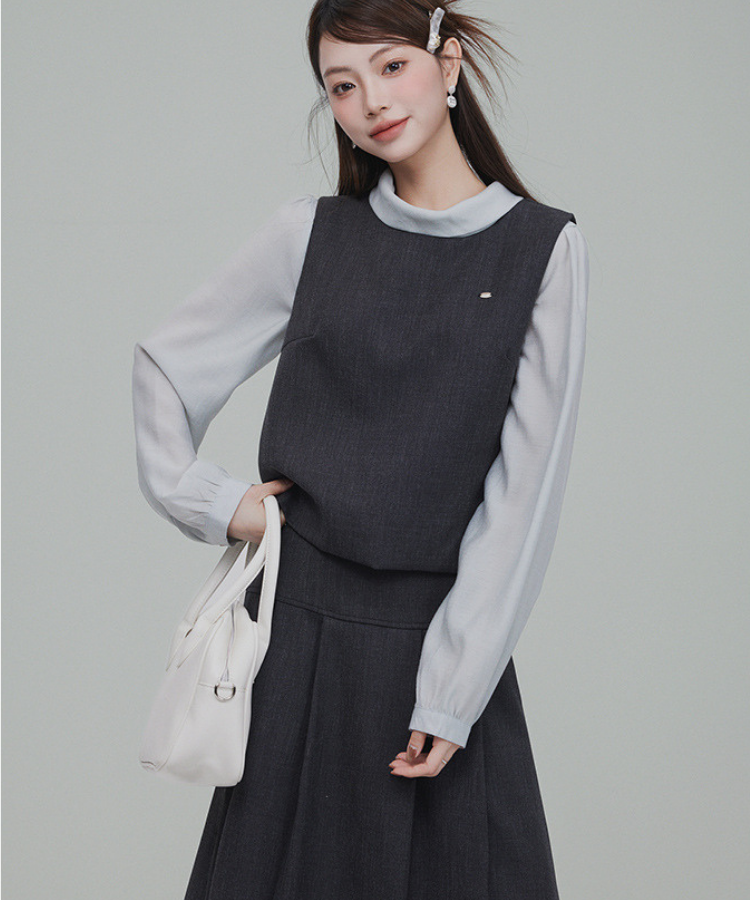 バックリボンブラウス＋無地ノースリーブベスト＋フレアタックスカート 3点セット