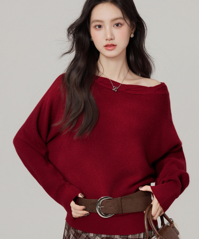 オフショルダーニット＋チェックアシンメトリースカート 2点セット