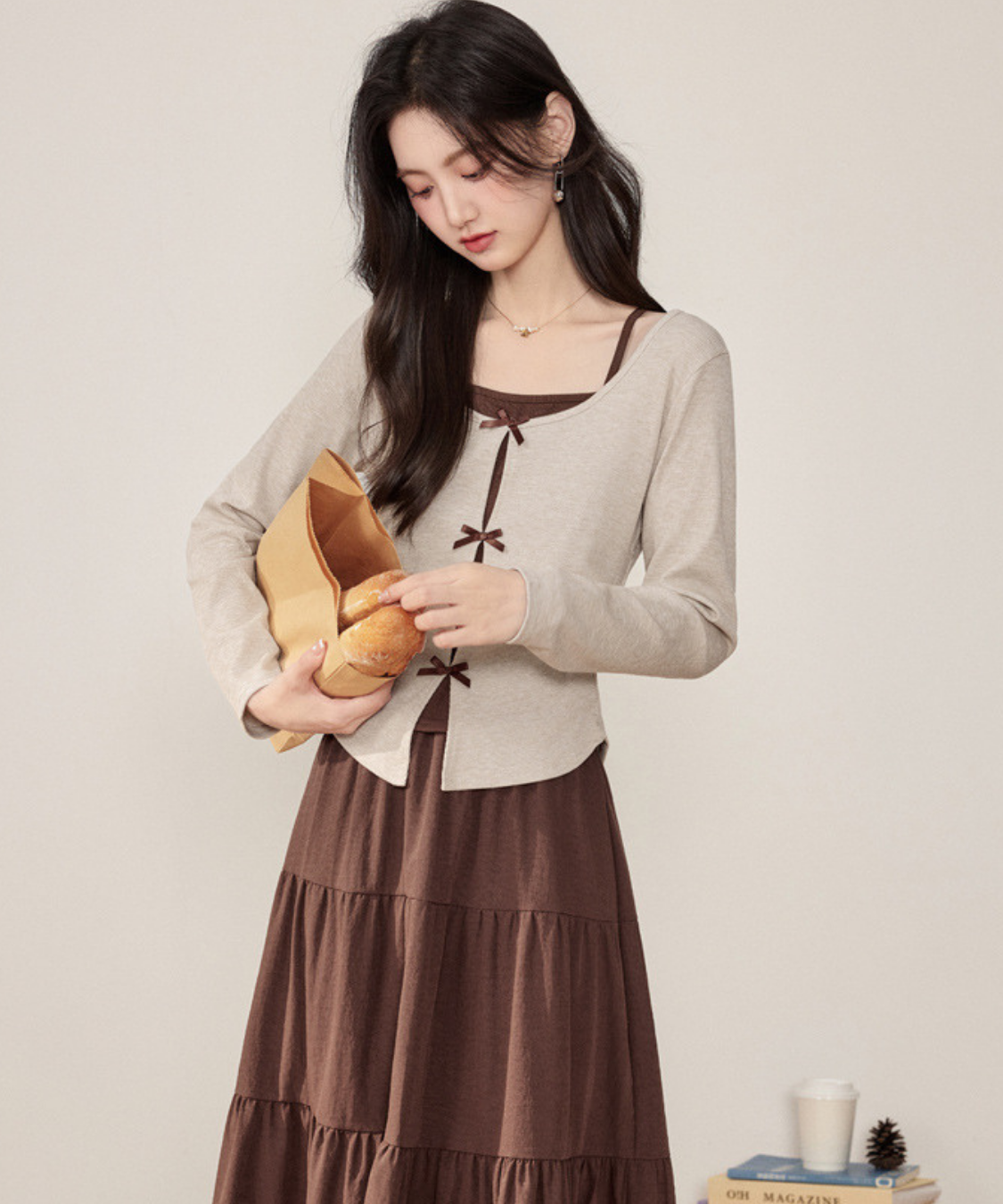 リボンフェイクレイヤードトップス＋ティアードフリルスカート 2点セット