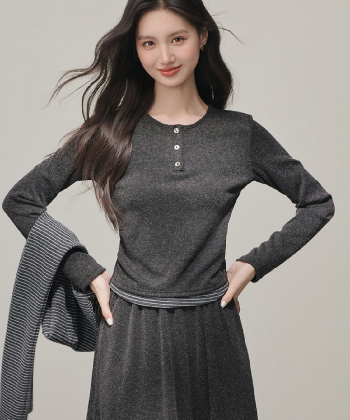 ヘンリーネックニット＋ロングスカート＋フード付きボーダーショール 3点セット