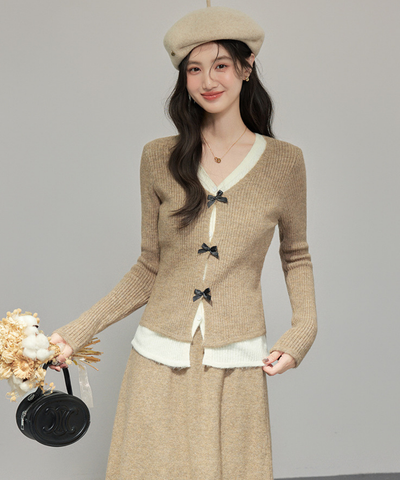 フロントリボンリブカーデ＋ロングニットスカート 2点セット