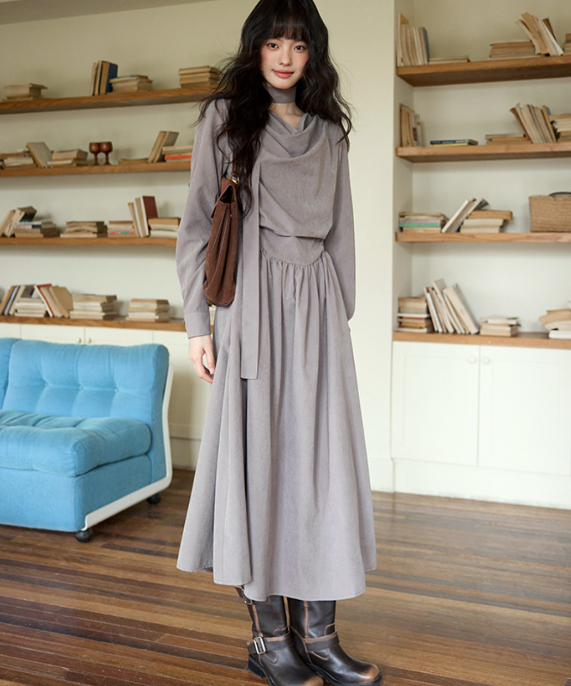 ウエストギャザードレープネックロングワンピース