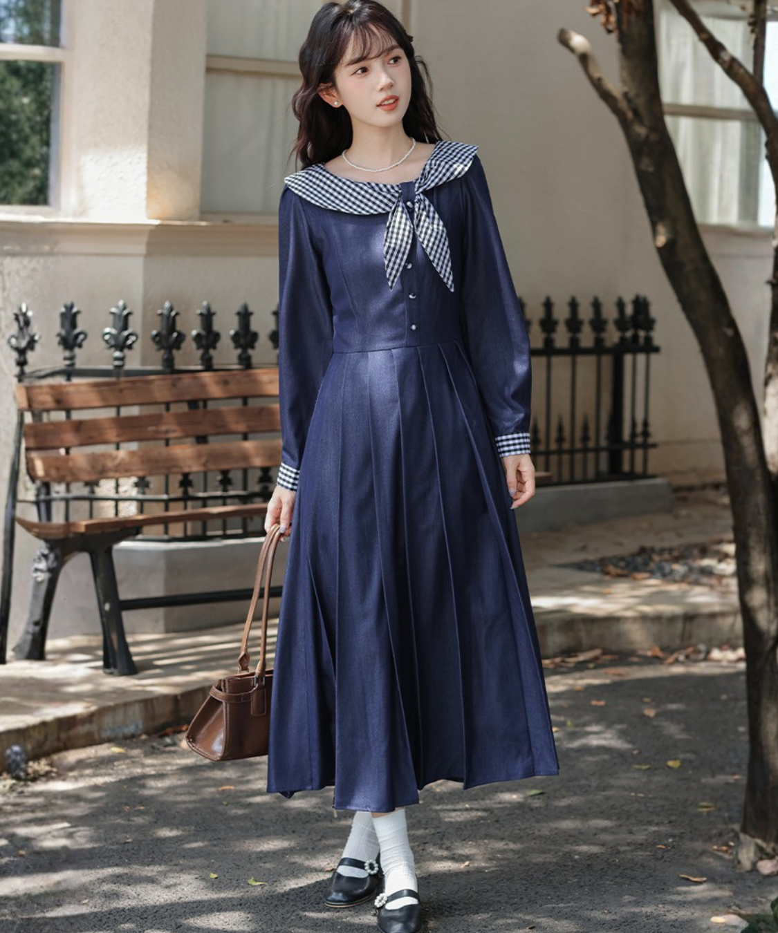 ギンガムチェック襟ボックスプリーツワンピース