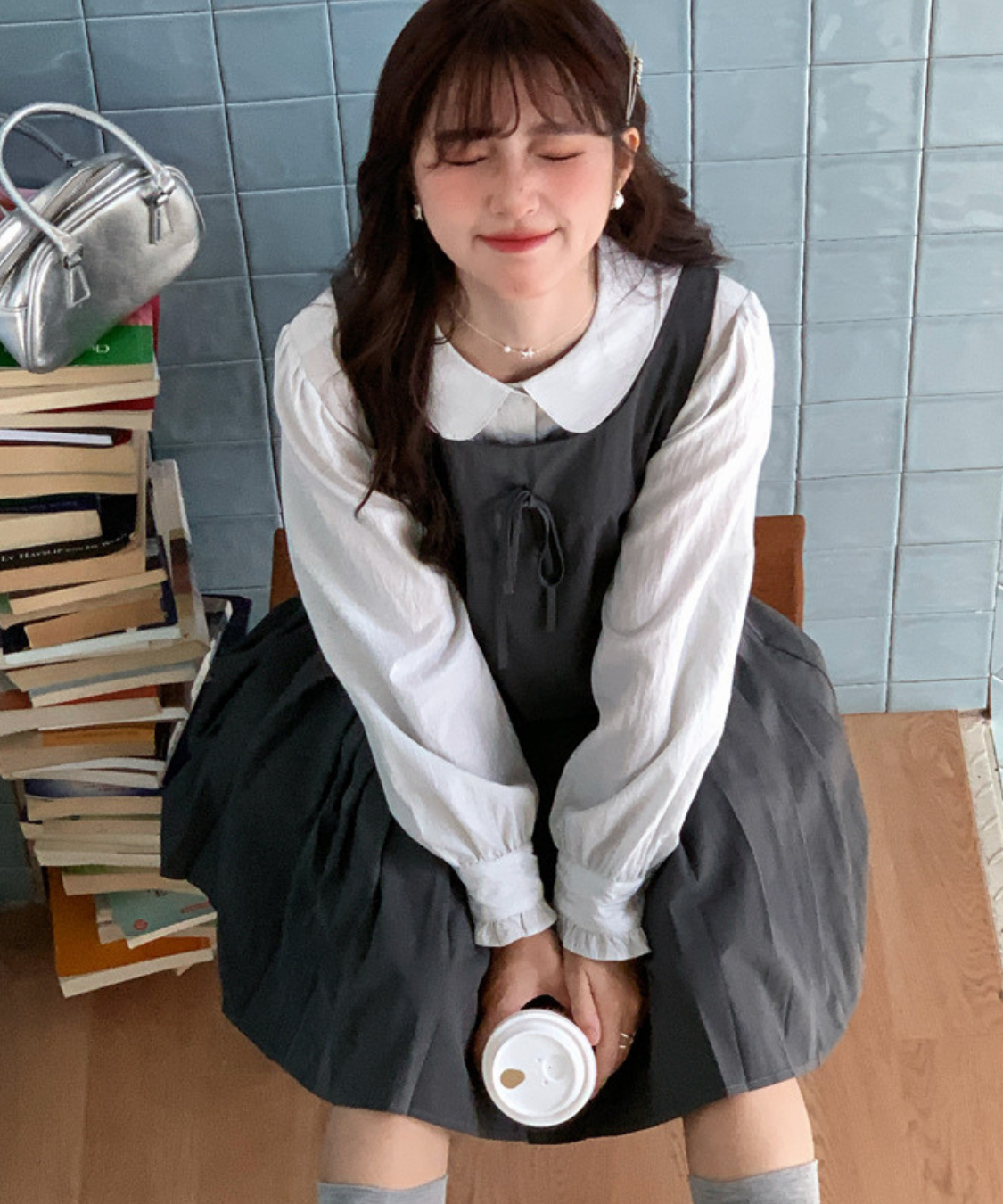 リボン付きプリーツ切替ワンピース