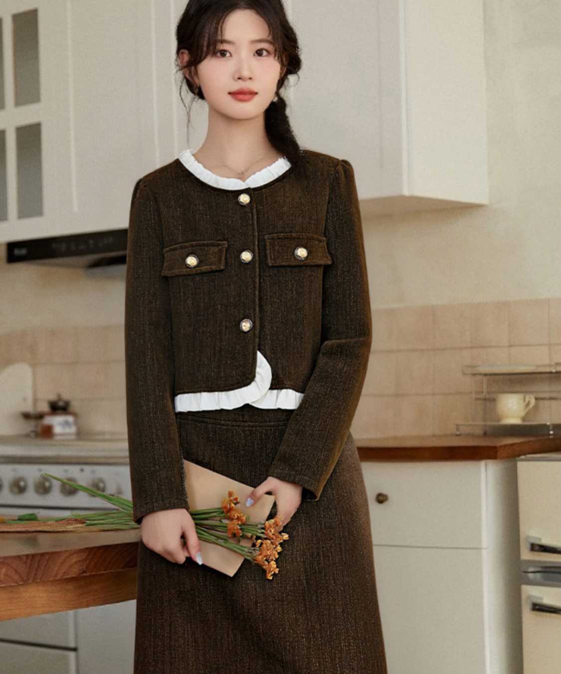 フリル襟コーデュロイジャケット＋ストレートスカート 2点セット