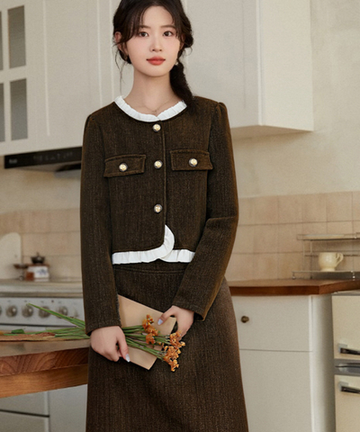 フリル襟コーデュロイジャケット＋ストレートスカート 2点セット