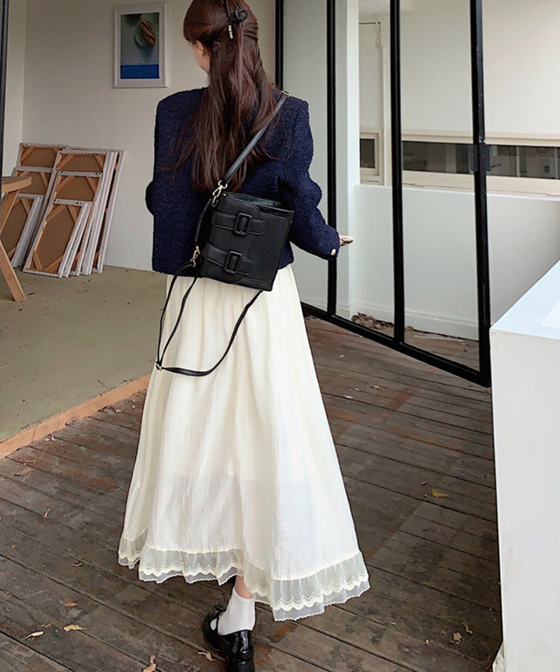 レース裾リボンフィットフレアワンピース