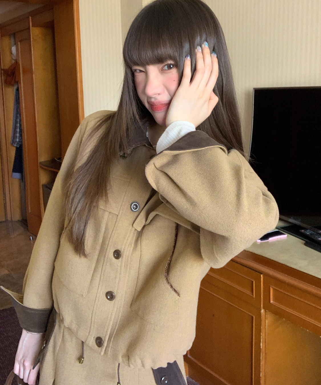 ドロスト付き配色ジャケット＋ボックスプリーツスカート 2点セット