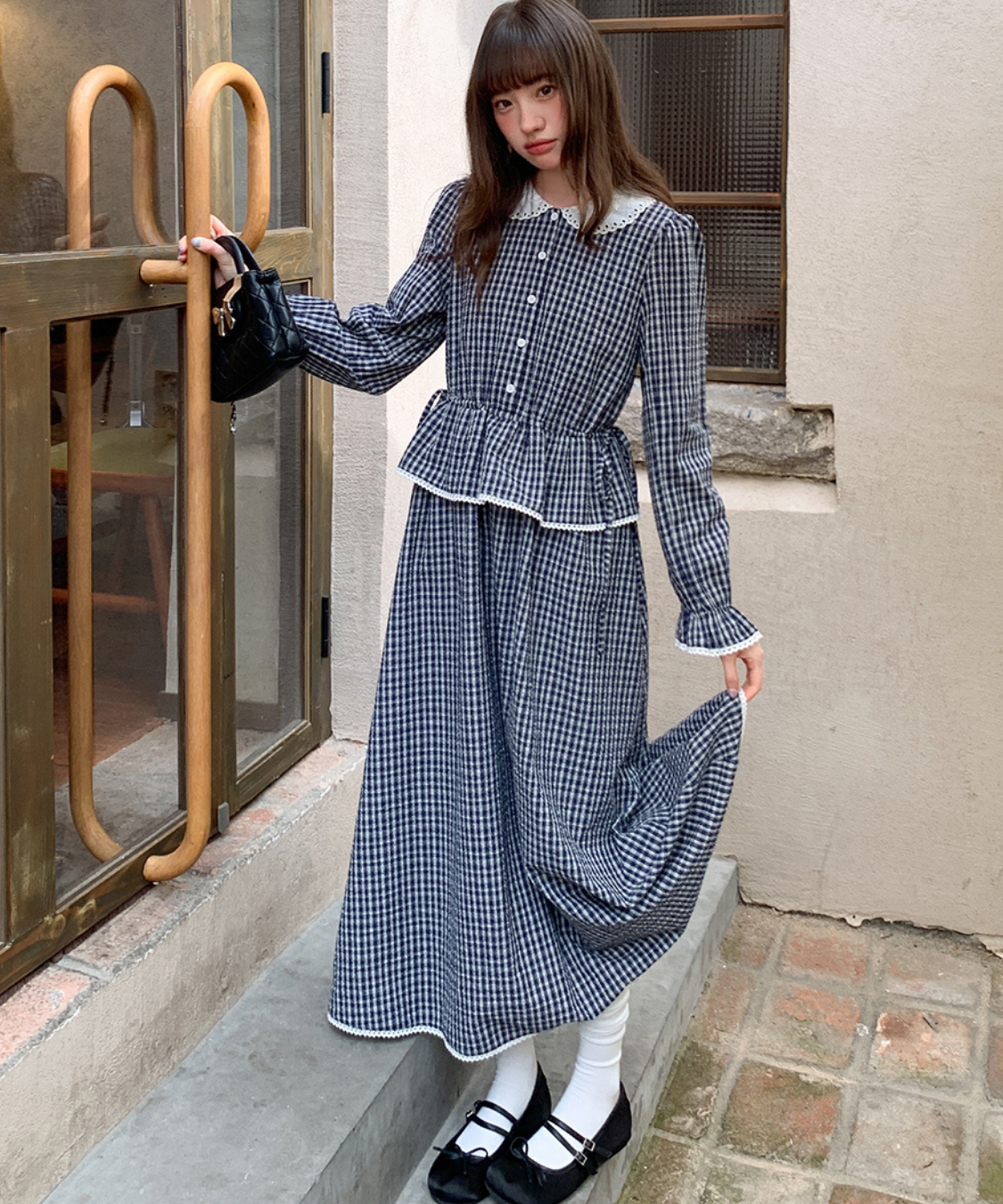 ラウンドカラーペプラム風ギンガムワンピース