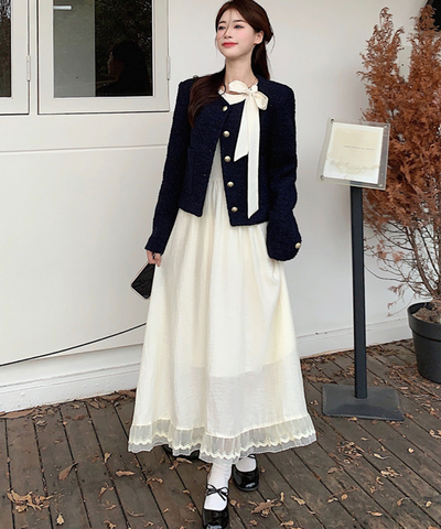 レース裾リボンフィットフレアワンピース