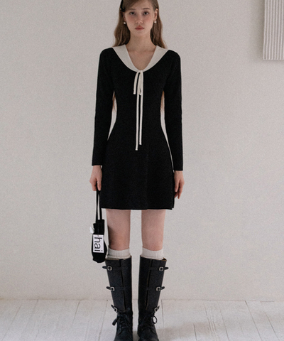 配色カラー風リボン付きミニワンピース