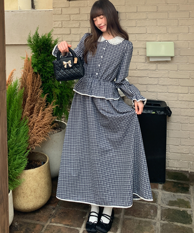 ラウンドカラーペプラム風ギンガムワンピース