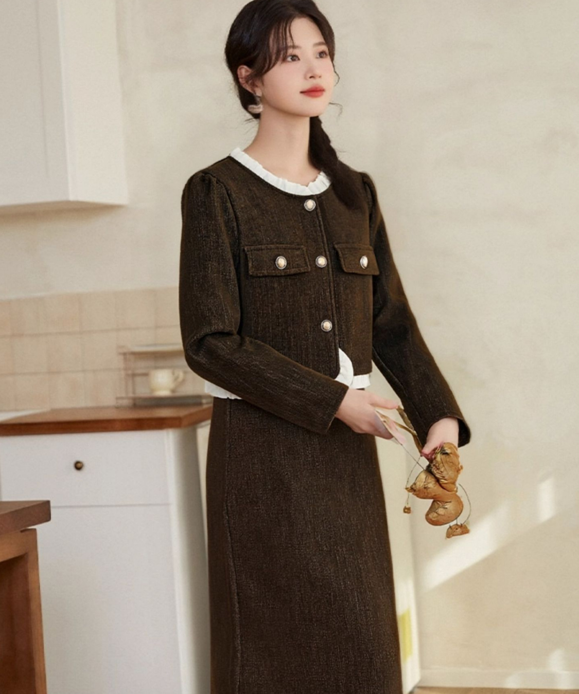 フリル襟コーデュロイジャケット＋ストレートスカート 2点セット