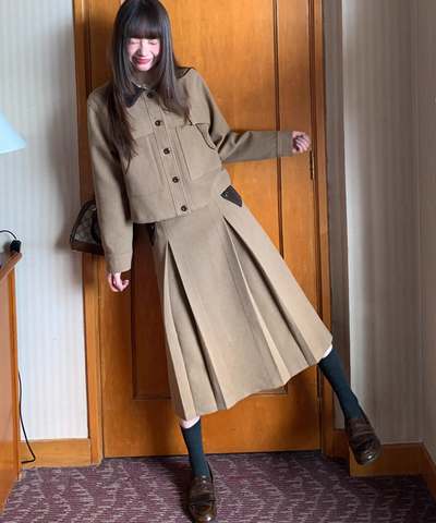 ドロスト付き配色ジャケット＋ボックスプリーツスカート 2点セット