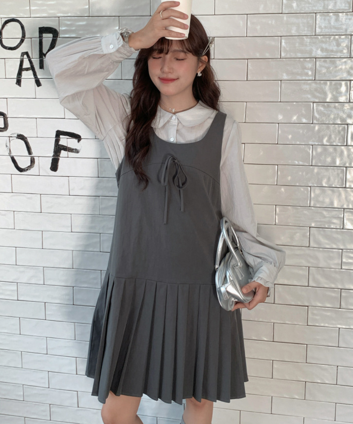 リボン付きプリーツ切替ワンピース