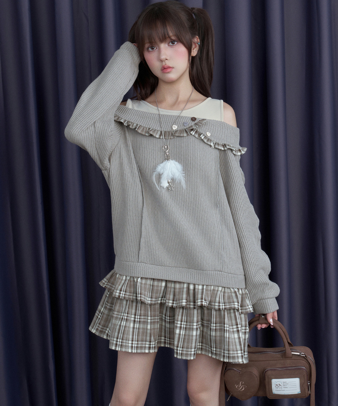 チェックフリル切替ニットフェイクワンピース
