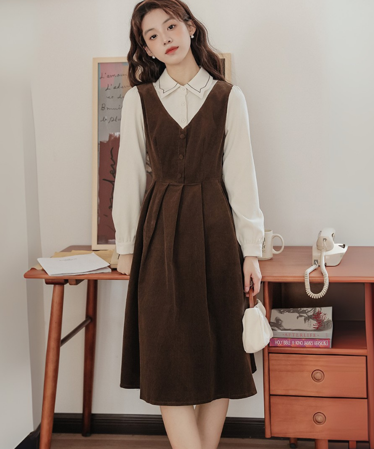 配色風ステッチ襟フェイクレイヤードコーデュロイワンピース