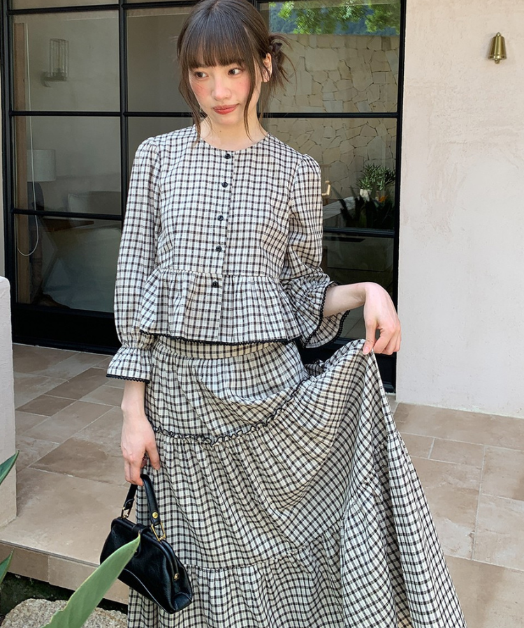 チェック柄ペプラムブラウス＋ティアードスカート 2点セット