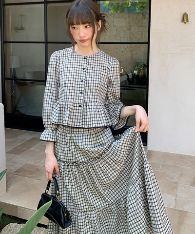 チェック柄ペプラムブラウス＋ティアードスカート 2点セット