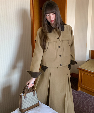 ドロスト付き配色ジャケット＋ボックスプリーツスカート 2点セット