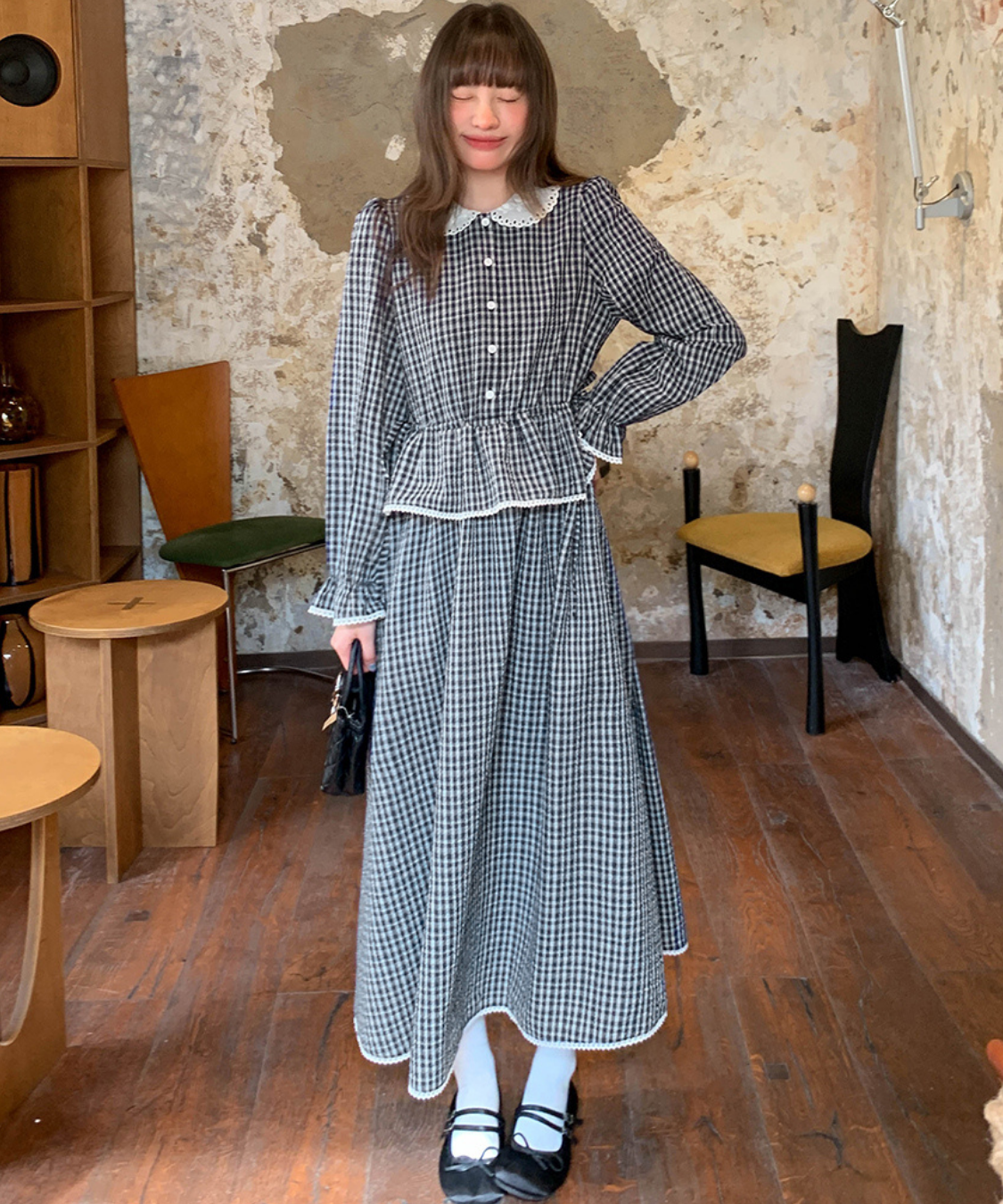 ラウンドカラーペプラム風ギンガムワンピース