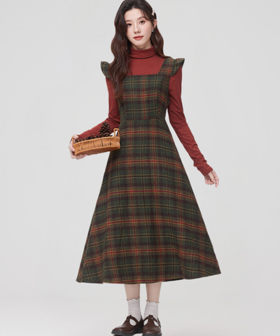 スクエアネック肩フリルチェック柄ワンピース