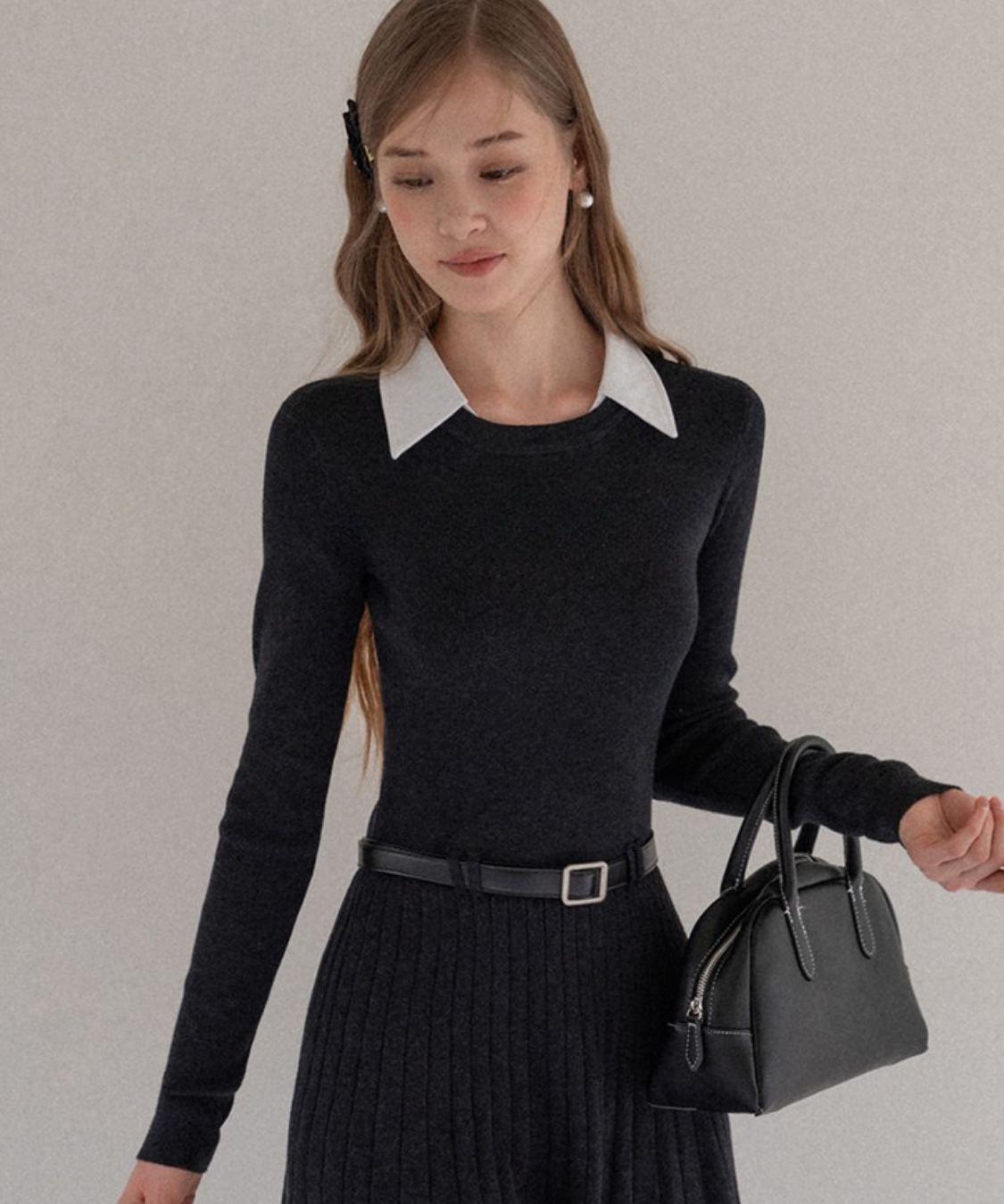 配色シャツ襟プリーツニットワンピース