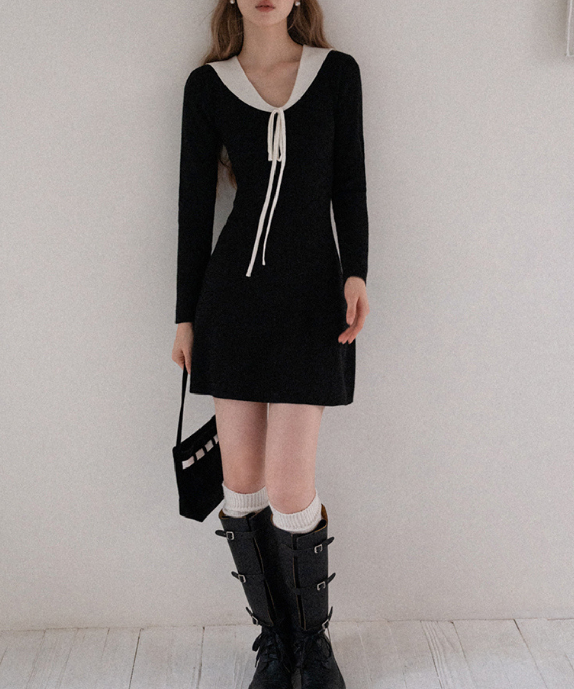 配色カラー風リボン付きミニワンピース